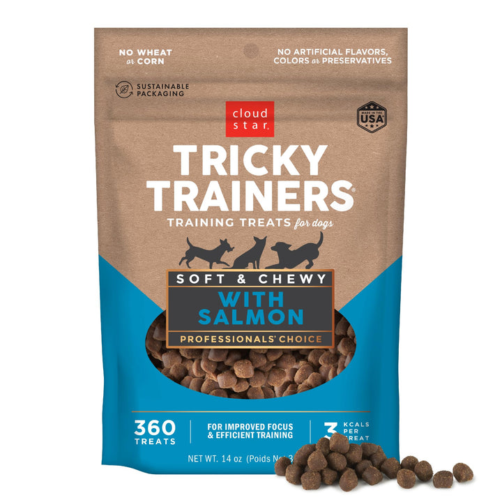 Tricky Trainers Soft & Chewy Dog Training Treats 14 oz. Pouch, Salmon Flavor, Low Calorie Behavior Aid with 360 Treats