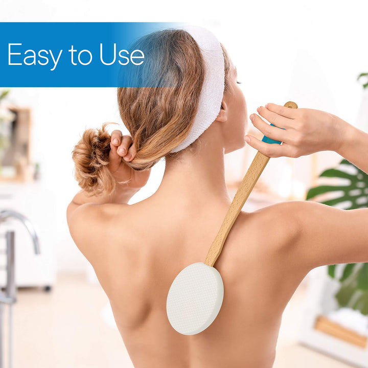17.5 Long Lotion Applicator with 4 Pads - Long Handle for Easy Reach and Self Application of Body Wash - Shower Brush for Both Men and Women (Travel Bag Included)