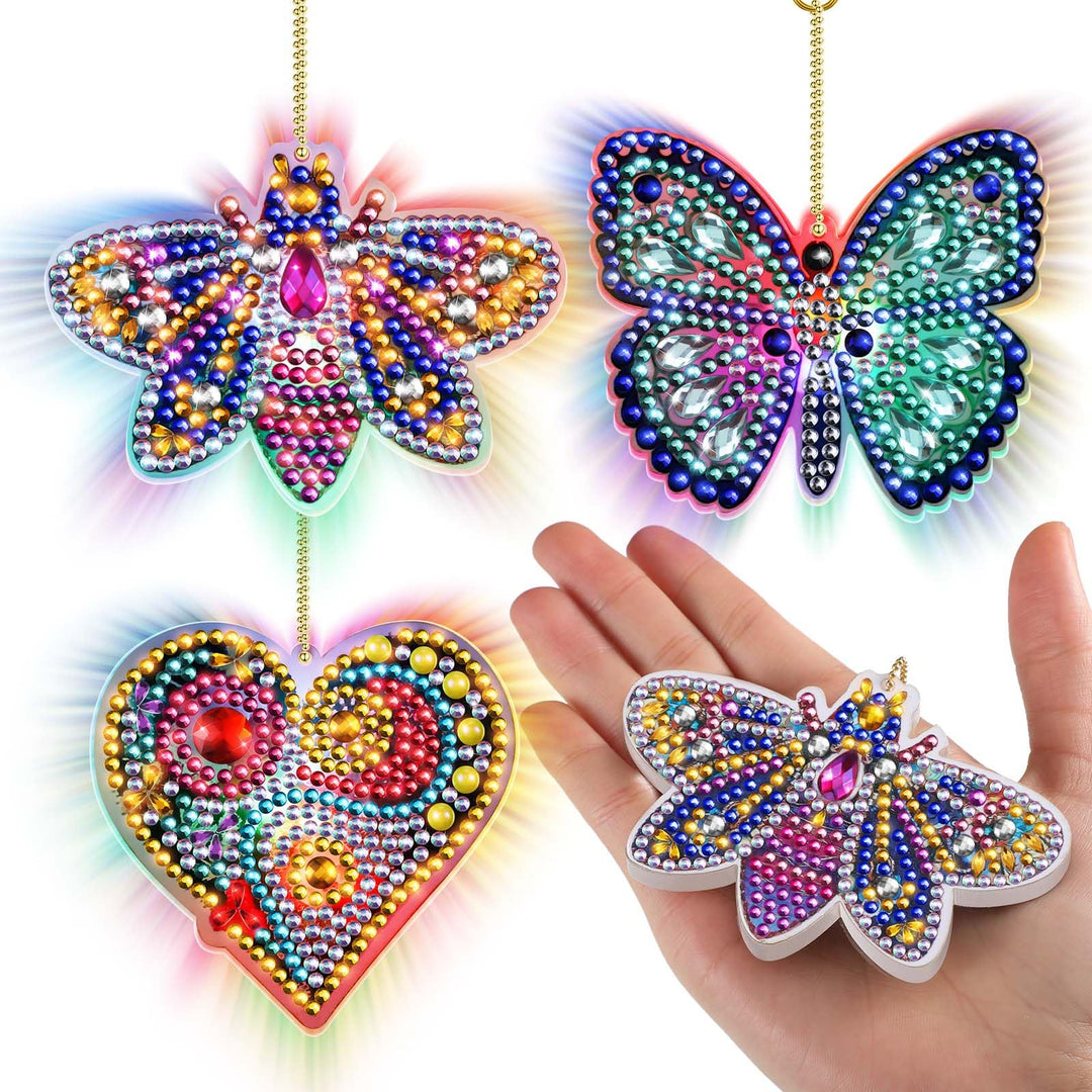 3 Pcs LED Painting Keychains Light up 5D Painting Kits for Kids Adult Double Sided DIY Diamond Art Keychains Diamond Art Pendant Craft Key Ring, Butterfly Dragonfly Love Heart