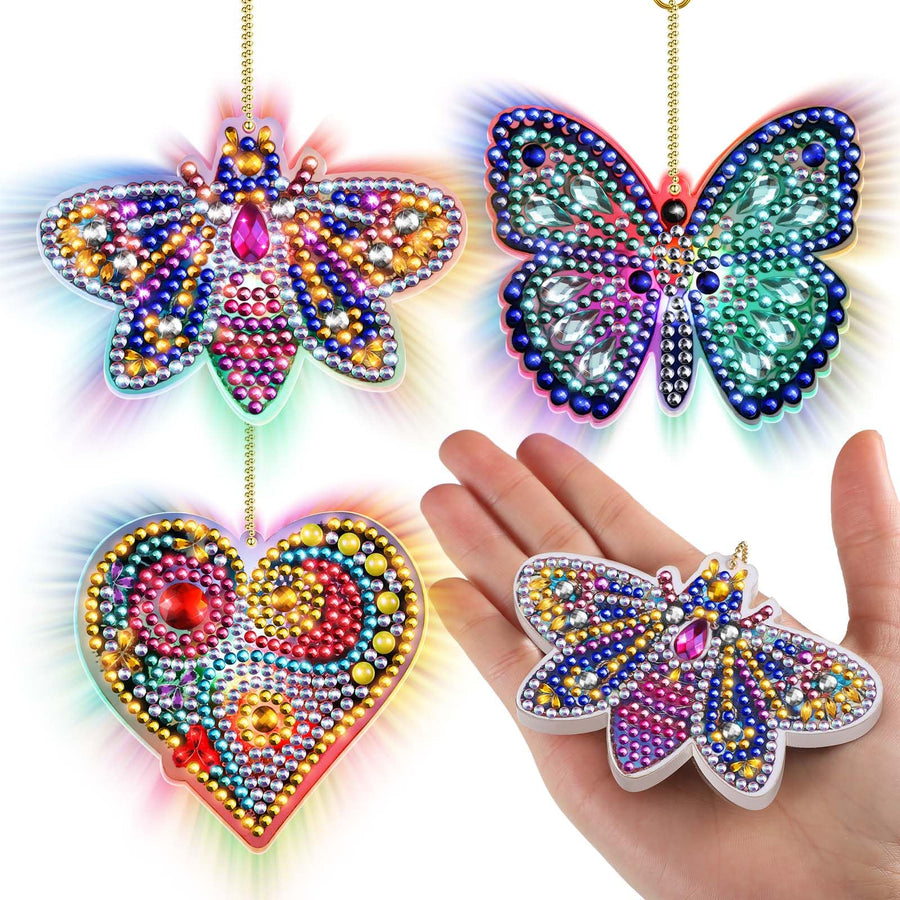 3 Pcs LED Painting Keychains Light up 5D Painting Kits for Kids Adult Double Sided DIY Diamond Art Keychains Diamond Art Pendant Craft Key Ring, Butterfly Dragonfly Love Heart