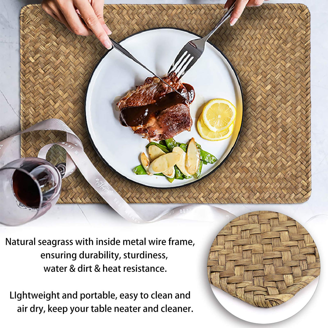 Pack of 6 Natural Seagrass Placemats Woven Rattan Place Mat Rectangular Table Mats, 17 x 12 Sea Grass Meal Placemat Bamboo Place Mats for Dining Table Home Kitchen Picnic Table Decor (Coffee)