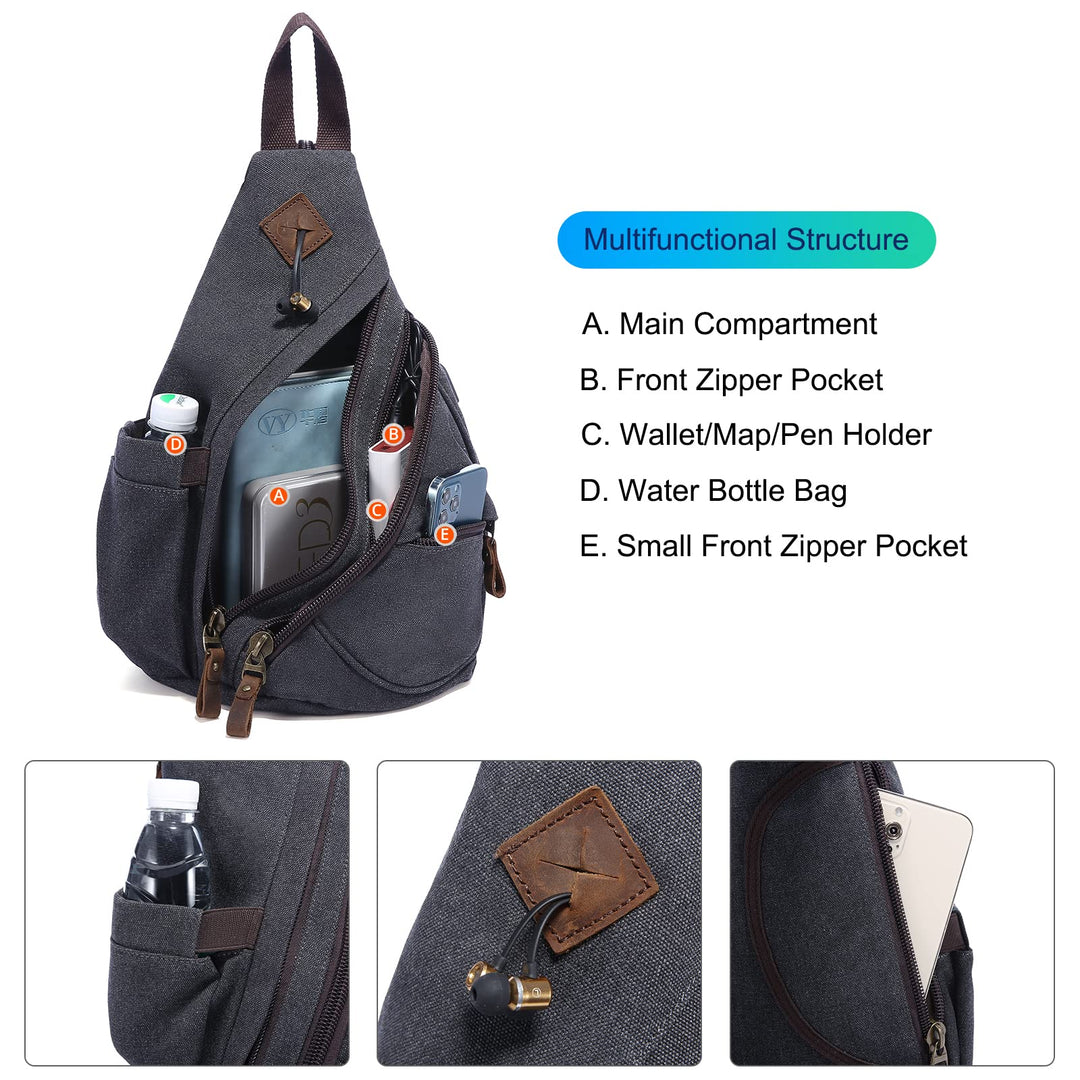 Sling Bag Canvas Crossbody Backpack Genuine Leather Shoulder Bag Casual Daypacks For Men Cycling Hiking Travel
