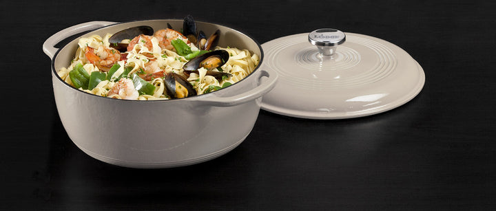 6 Quart Enameled Cast Iron Dutch Oven with Lid – Dual Handles – Oven Safe up to 500° F or on Stovetop - Use to Marinate, Cook, Bake, Refrigerate and Serve – Oyster White