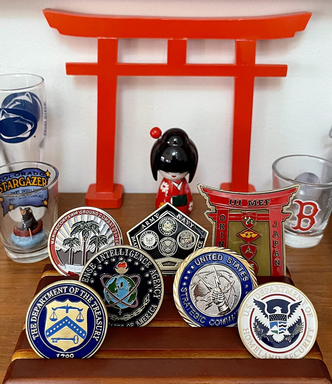 Challenge Coin Display Stand Wooden Holder Rack Case Holds 12 Military Challenge Coins, Walnut Finish