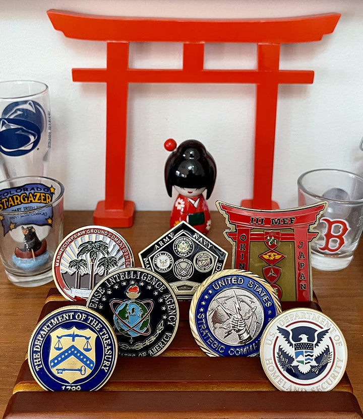 Challenge Coin Display Stand Wooden Holder Rack Case Holds 12 Military Challenge Coins, Walnut Finish