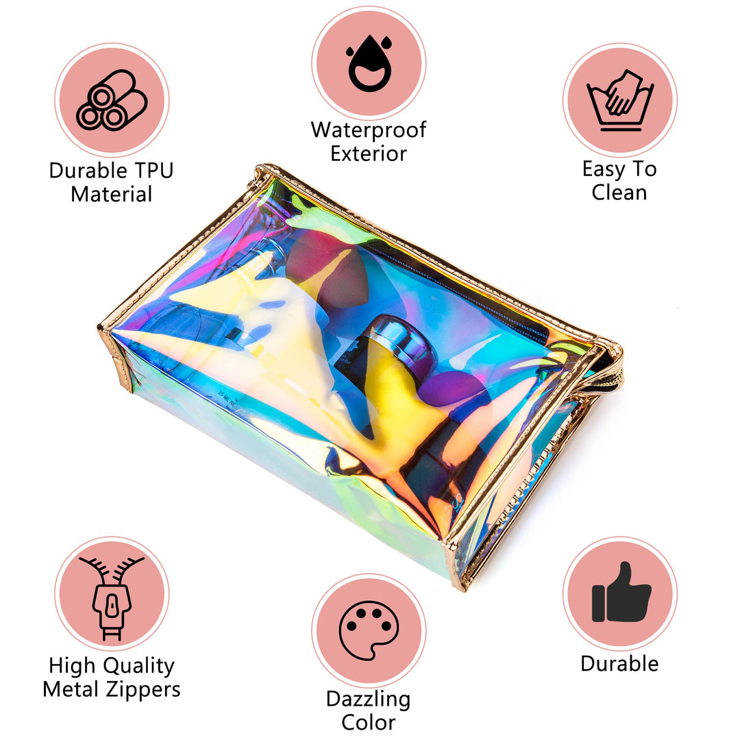 Holographic Iridescent Makeup Pouch | Portable Waterproof Cosmetic Bag Set for Women, Ladies & Bridesmaids | Clear Pouch for Travel, Toiletry | Large Clear Makeup Bags with Zipper