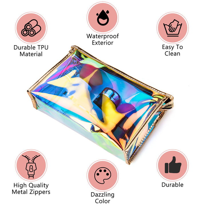 Holographic Iridescent Makeup Pouch | Portable Waterproof Cosmetic Bag Set for Women, Ladies & Bridesmaids | Clear Pouch for Travel, Toiletry | Large Clear Makeup Bags with Zipper
