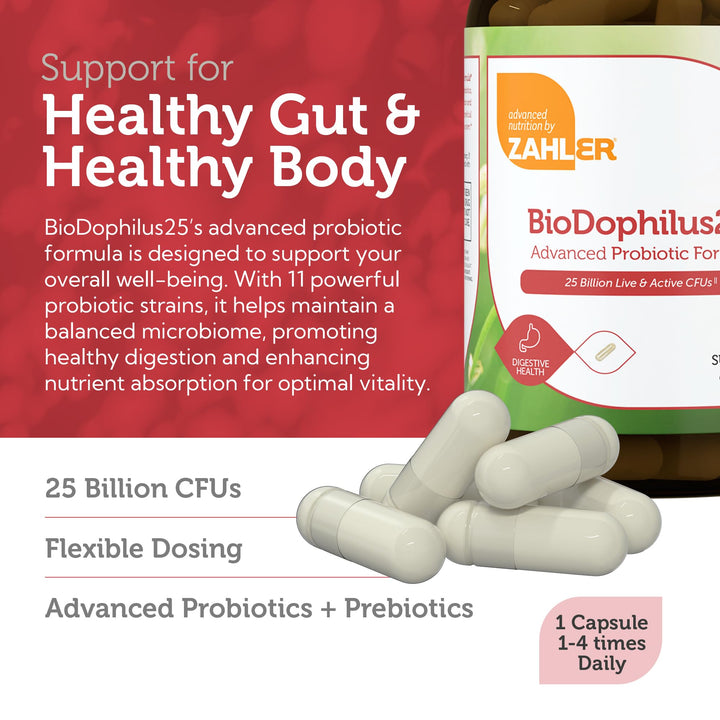 BioDophilus25, 25 Billion CFU Probiotic + Prebiotic - 11 Strains Daily Probiotic Supplement - Kosher Probiotics for Women for Digestive Health, Probiotics for Men for Gut Health (120 Capsules)