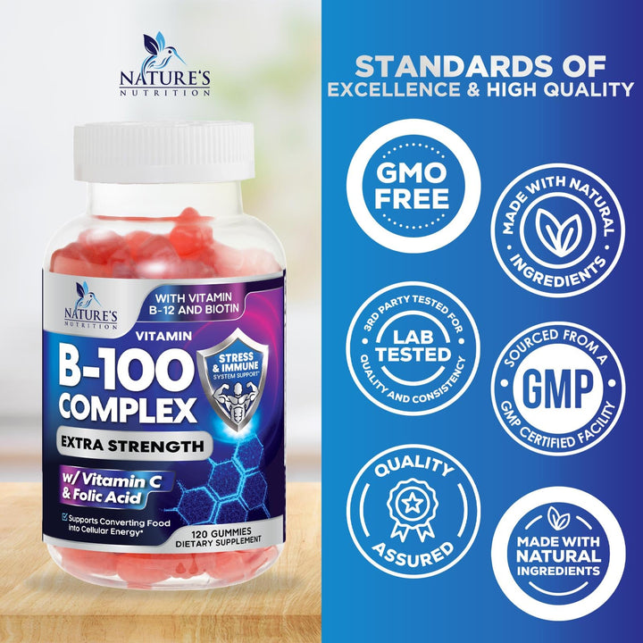 B Complex Gummy with Vitamin C & Folic Acid, Extra Strength Vitamin B Gummies Supplement with Niacin, B6, Folic Acid, Super B12, Biotin, Nature's Energy Immune Support Supplements - 120 Gummies