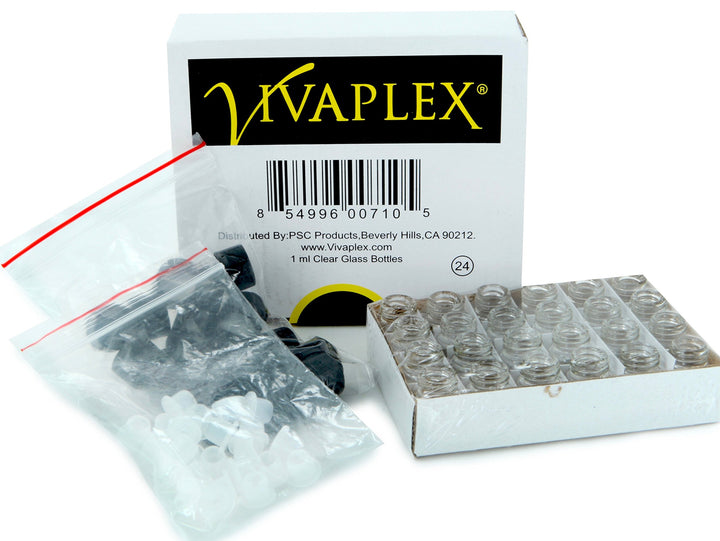 , 24, Clear, 1 ml (1/4 Dram) Glass Bottles, with Orifice Reducers and Black Caps