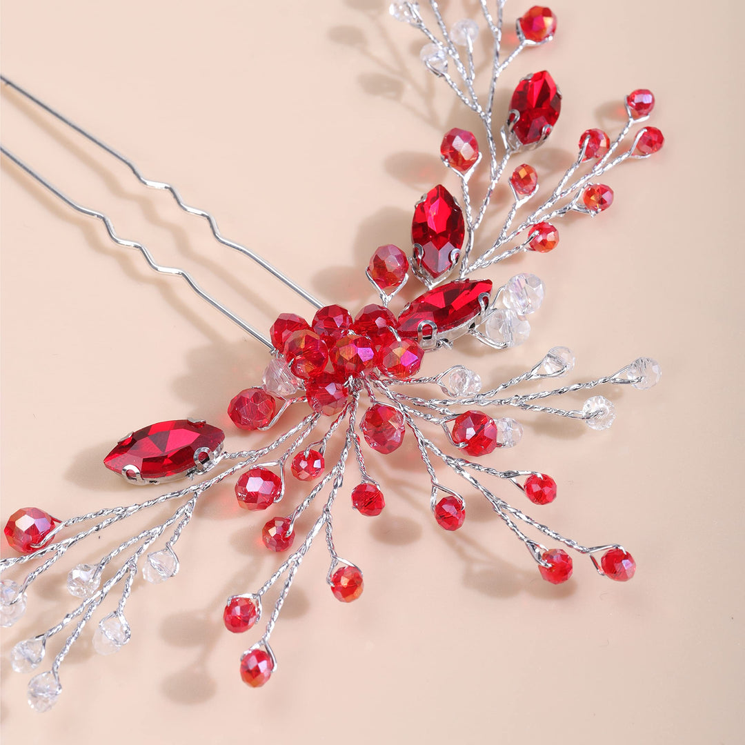 Red Crystal Silver Hair Piece for Women and Girls Wedding Bridal Red Hair Jewelry Handmade Boho Hair Accessory (Red)
