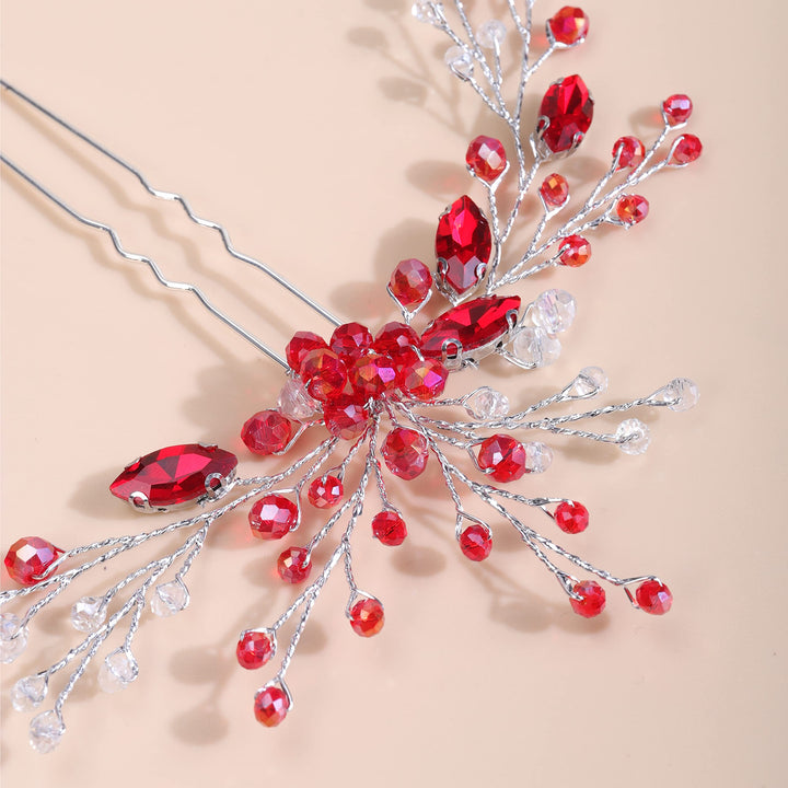 Red Crystal Silver Hair Piece for Women and Girls Wedding Bridal Red Hair Jewelry Handmade Boho Hair Accessory (Red)