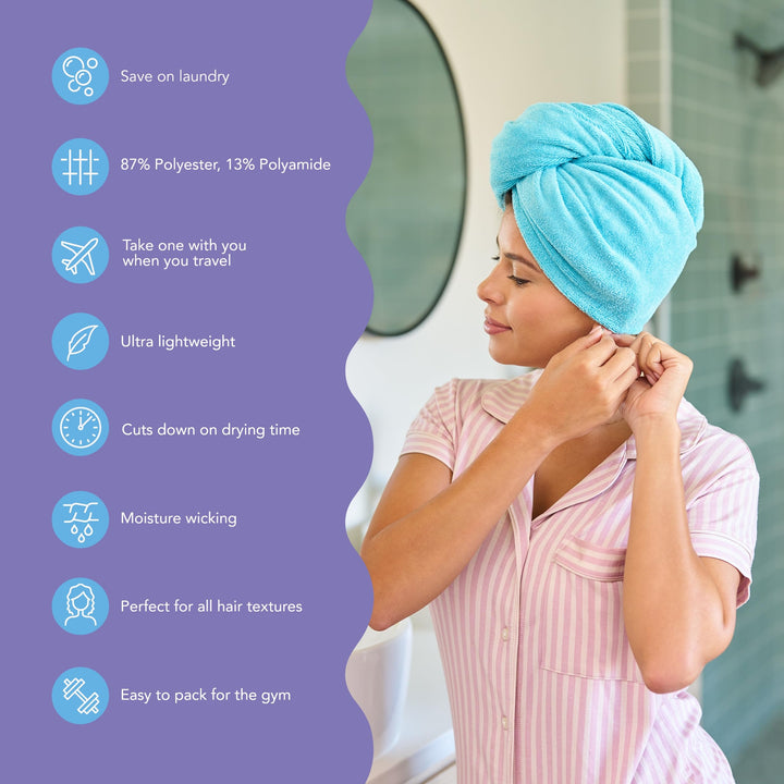 2-Pack Microfiber Hair Towel for Beauty, Travel, Gifting - Hair Wrap Turban for Straight, Wavy & Curly Hair - Premium Hair Care - Dark Aqua & Light Aqua
