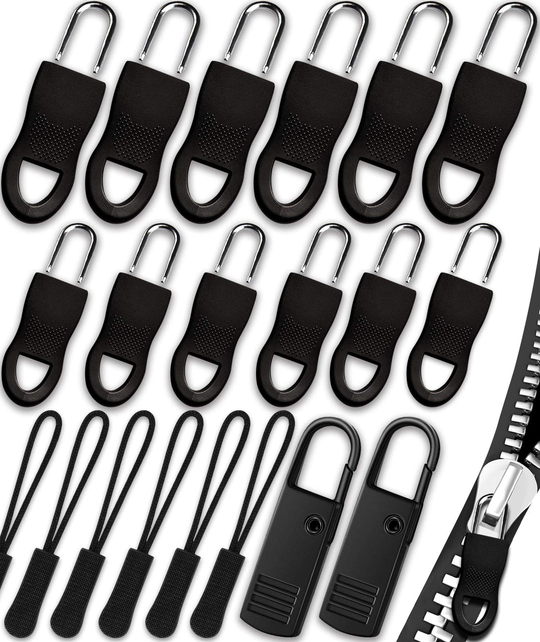 Zipper Pull, Universal Zipper Pull Replacement Kit, Removable Zipper Pulls Tab Replacement (20 Pcs), Black Zipper Pulls for Jackets, Luggage, Backpacks, Purses, Boots, Pants, Tents, (3 Styles 4 Sizes)