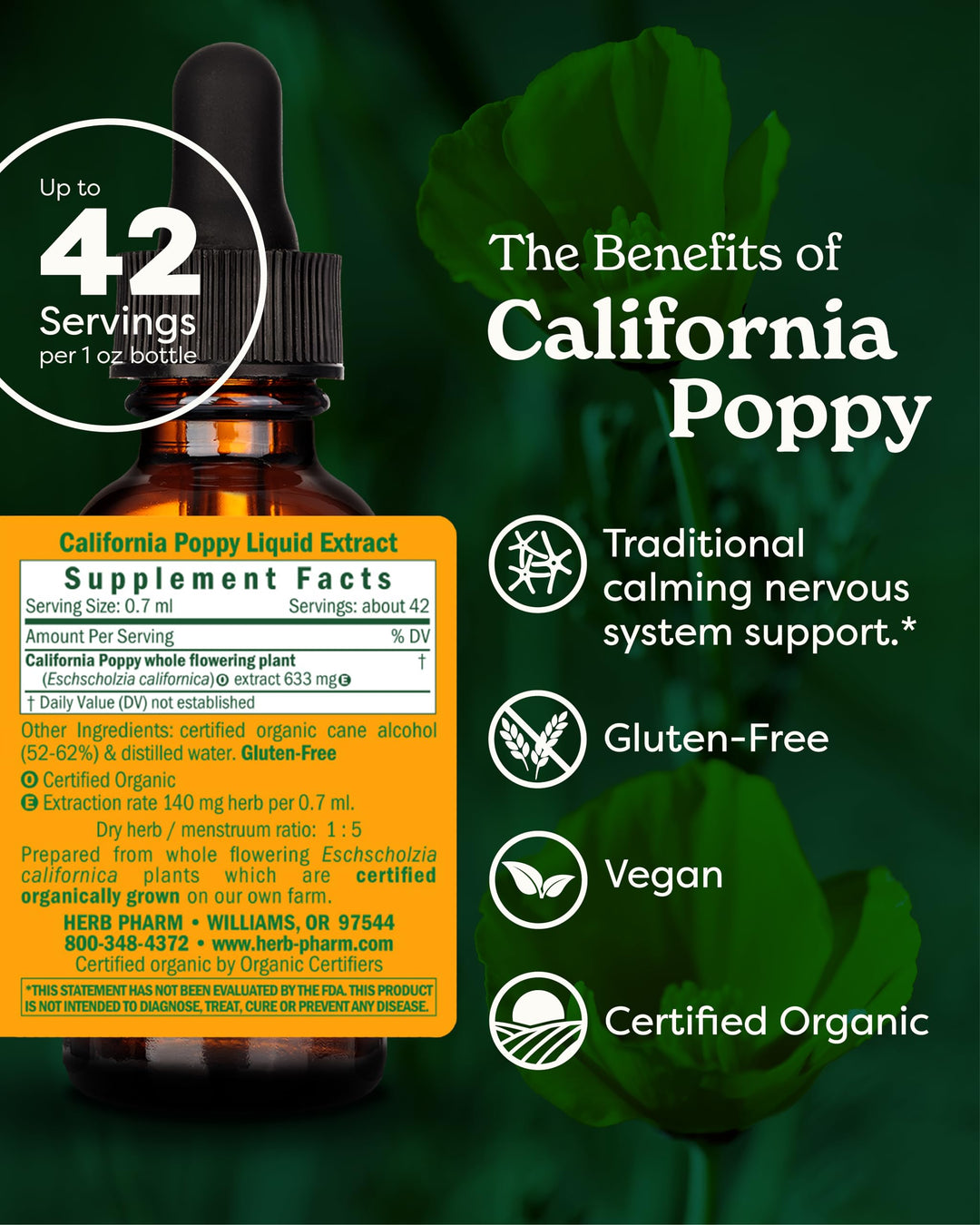 Certified Organic California Poppy Liquid Extract for Calming Nervous System Support - 1 Ounce