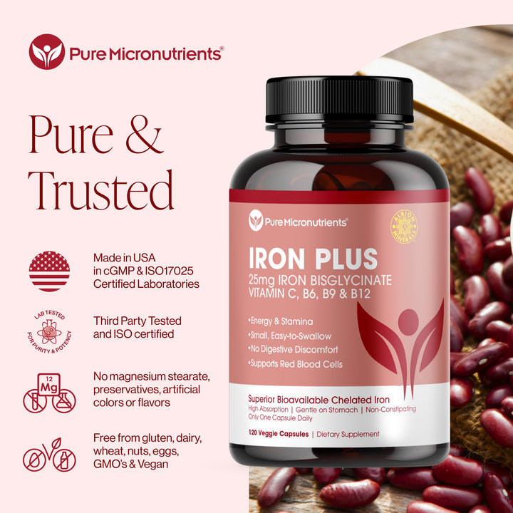 Iron Supplement for Women & Men, Natural Ferrous Chelate, Bisglycinate 25mg + Vitamin C, B6, B12, Folic Acid - IronPills for Iron Deficiency & Energy Support - 120 Count