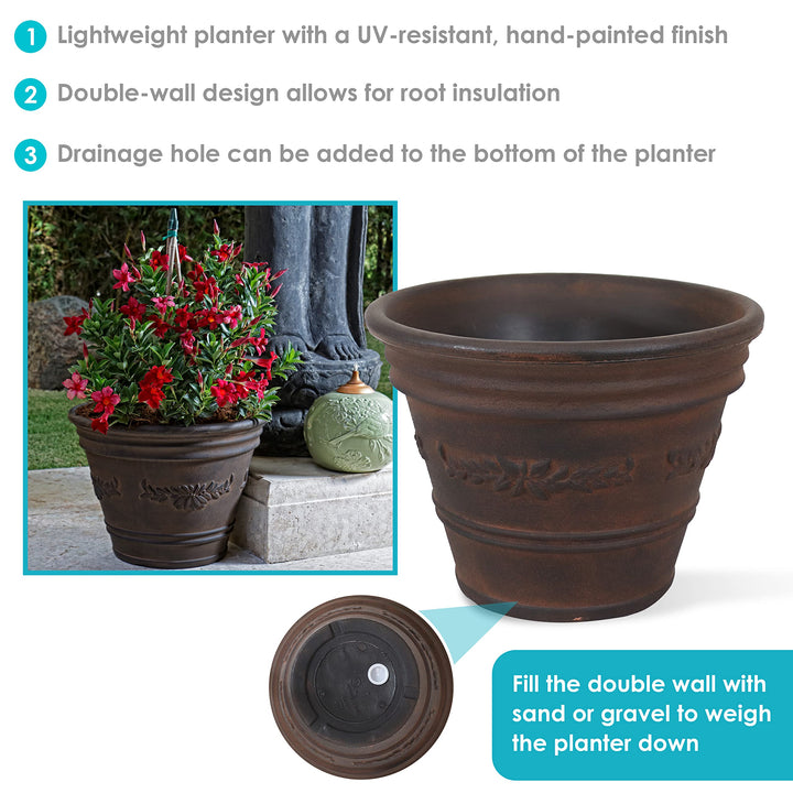 Laurel 13 Outdoor Double-Walled Polyresin Planter with UV-Resistant Rust Finish