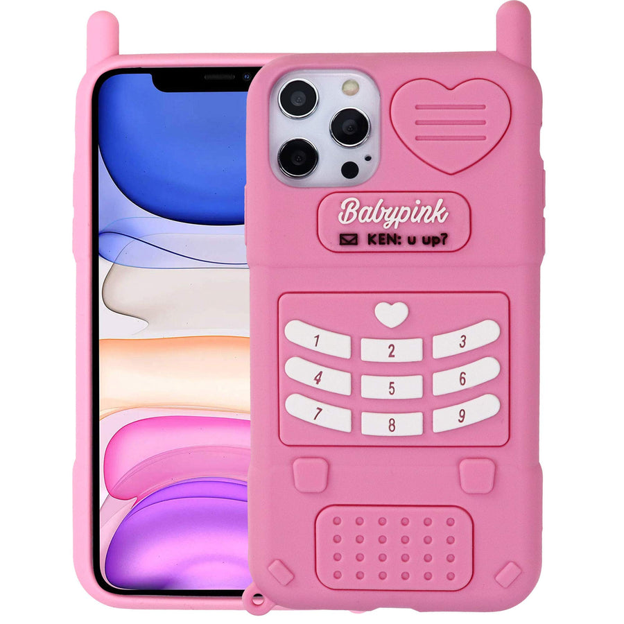 for iPhone 12 Pro Max Case, 3D Cartoon Cute Retro Love Heart Classic Cellular Phone Shaped Case, Kids Women Girls Soft Silicone Rubber Cover Case (Pink)