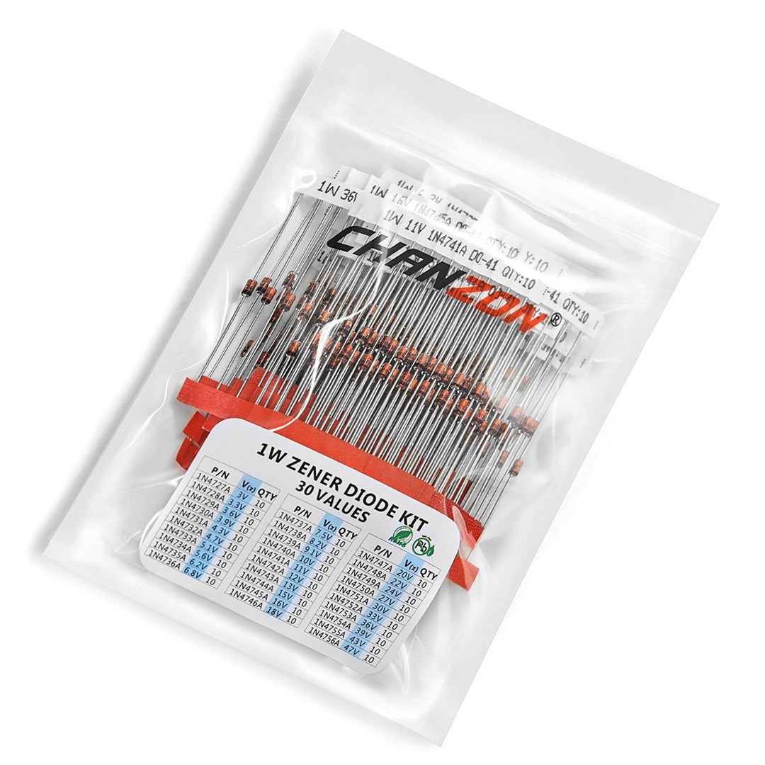 Chanzon 30 Values 300pc 1W Zener Diode Assorted Kit (3V 3.3V 3.6V 3.9V 4.3V 4.7V 5.1V 5.6V 6.2V 6.8V 7.5V 8.2V 9.1V 10V 11V 12V 13V 15V 16V 18V 20V 22V 24V 27V 30V 33V 36V 39V 43V 47V) Assortment Set
