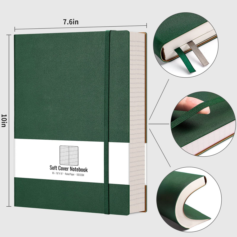 Notebook College Ruled - 320 Numbered Pages Large B5 Thick Journal Lined Notebook for Work, 100gsm Thick Paper, Leather Softcover, for Women Men Work School, 7.6'' X 10''-Green