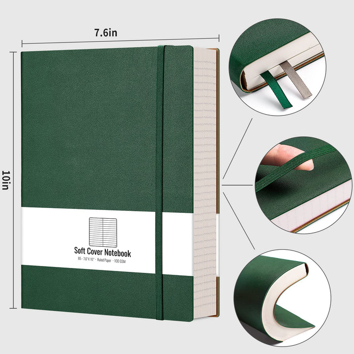 Notebook College Ruled - 320 Numbered Pages Large B5 Thick Journal Lined Notebook for Work, 100gsm Thick Paper, Leather Softcover, for Women Men Work School, 7.6'' X 10''-Green