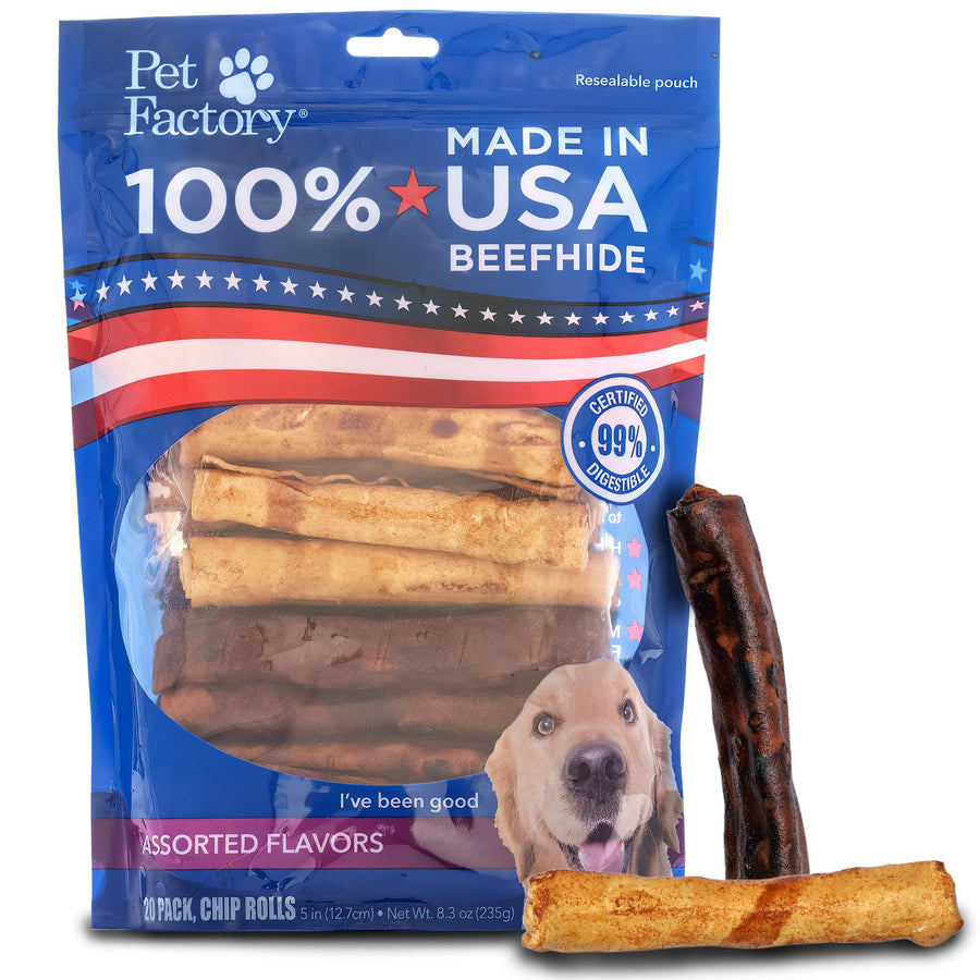 100% Made in USA Beefhide 5 Chip Rolls Dog Chew Treats - Beef & Chicken Flavor, 20 Count/1 Pack