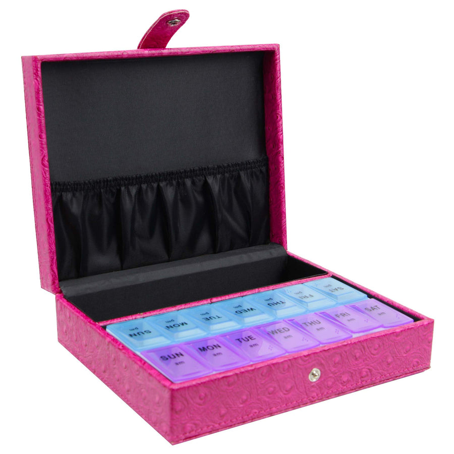 7 Day Pill Box Medication & Prescription Storage Organizer with Leather Travel Case (Jet Black)