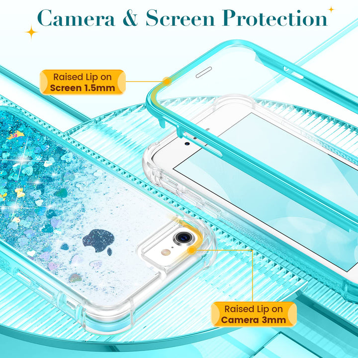 for iPhone 6 6s 7 8 Case, iPhone SE 2020 Case, Glitter Full Body Rugged Liquid Cover with Built-in Screen Protector Shockproof Heavy Duty Girls Women Case for iPhone SE 2022 4.7” (Gradient Teal)