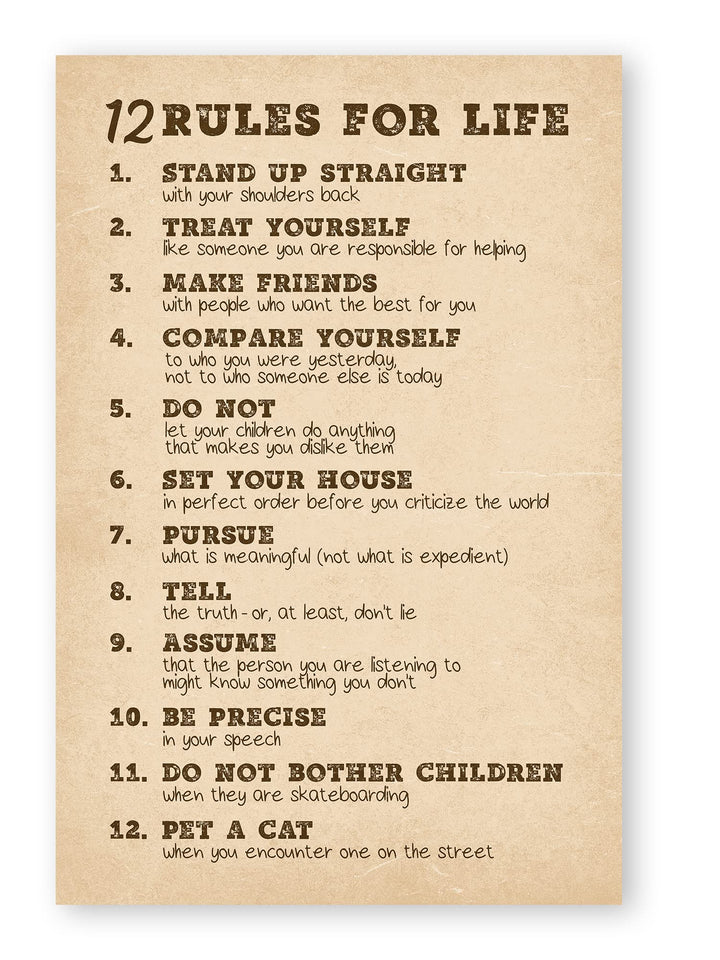 Picofyou 12 Rules for Life Motivational Poster - Jordan Peterson Inspirational Wall Art for Bedroom, Office, Home, Gym Decor Print - 16x24 Inch Unframed, 16 x 24 Inch