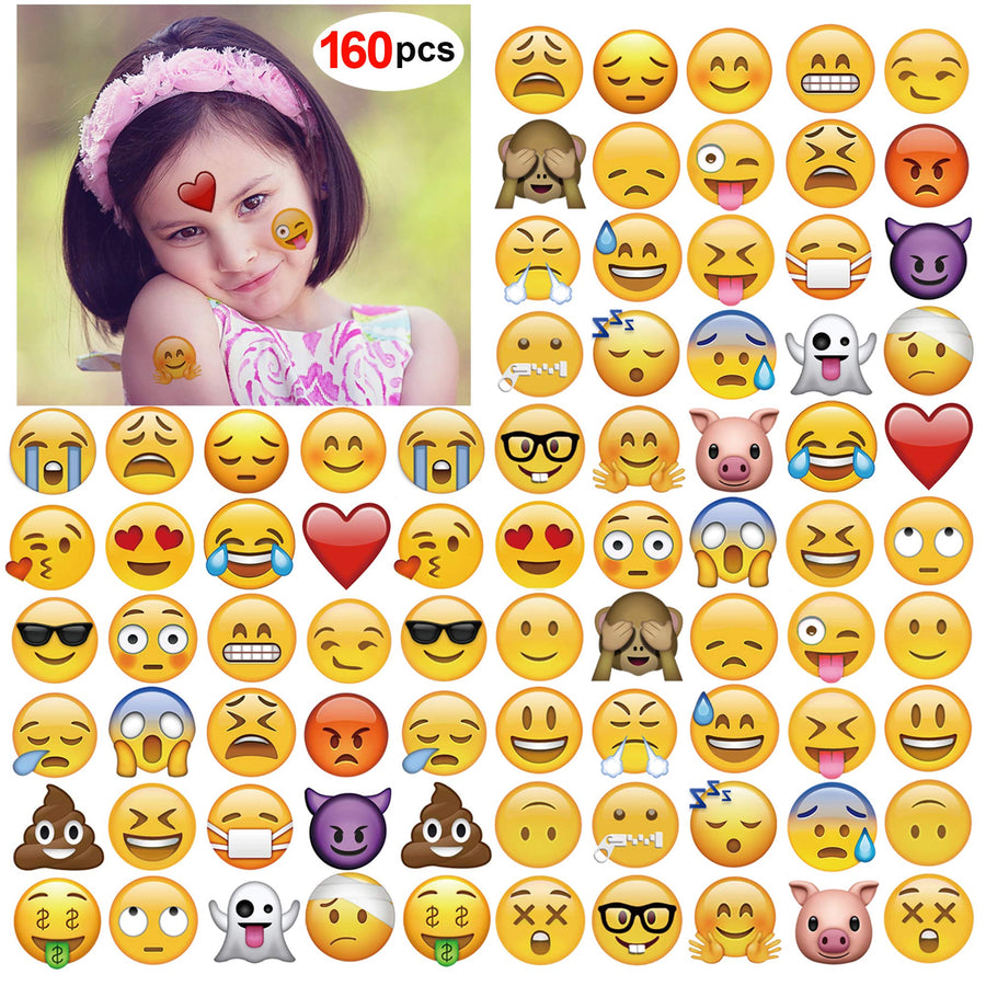 Emoticon Temporary Tattoo(160pcs 2inch), Funny Emoticon Tattoos Body Stickers for Kids Emoticon Party Favors Supplies with Heart Smirk