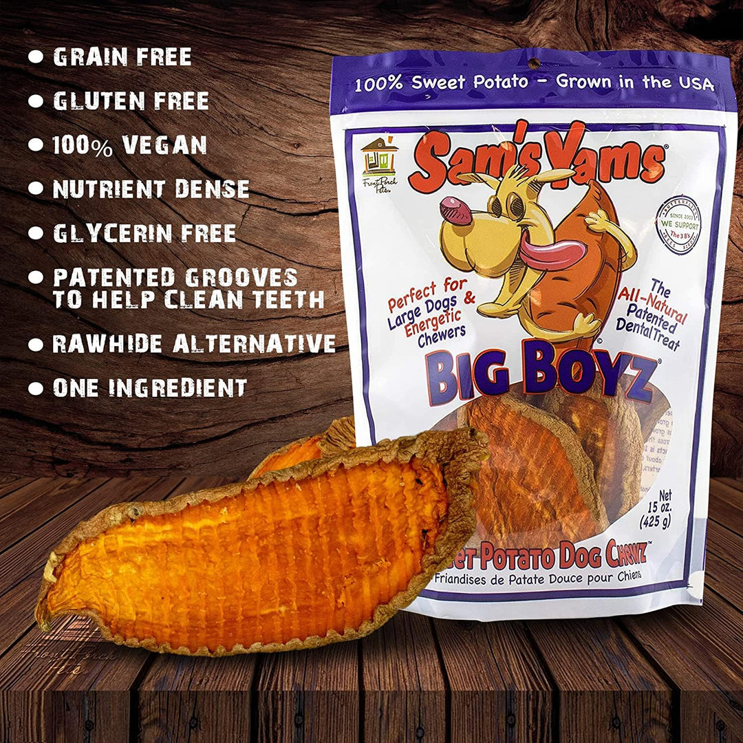 Sams Yams Sweet Potato Dog Treats, Healthy Dog Treats for Large Dogs - Sweet Potato Dog Treats Made in USA, High Fiber, Vegan Dental Chews - Big Boyz, Sweet Potato Dog Chewz, 15oz (Pack of 3)