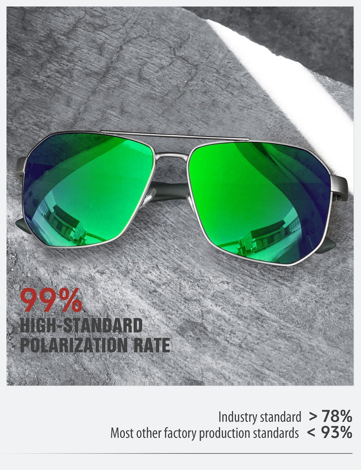 Aviator Sunglasses for Men Driving Square Polarized Polygon Lens - UV 400 Protection with Accessories(Mirror Green Lens)