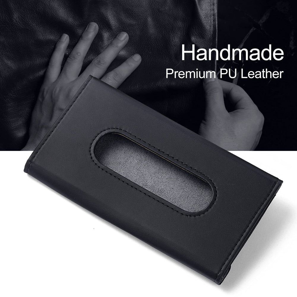 Car Tissue Holder, Upgraded Version Hanging Tissue Holder for Car, Premium PU Leather Car Tissue Holder Visor for Universal Auto, Easy Use (Black)
