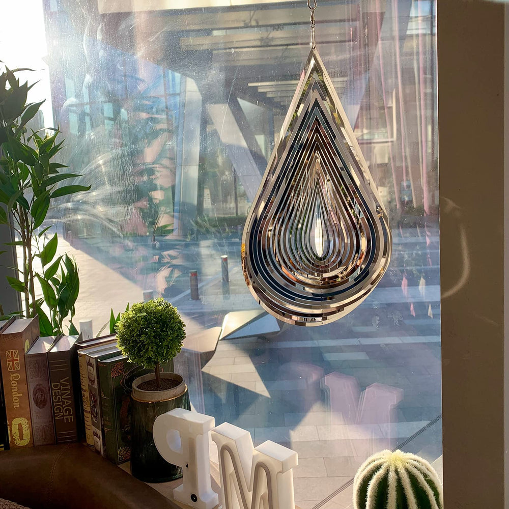 Wind Spinner Stainless Steel 3D Flowing Light Effect Decoration for Outdoor Garden Hanging Decor Gifts 12“x 8“ Silver Water Drop-Shaped Spinners with 360° Rotating Hook