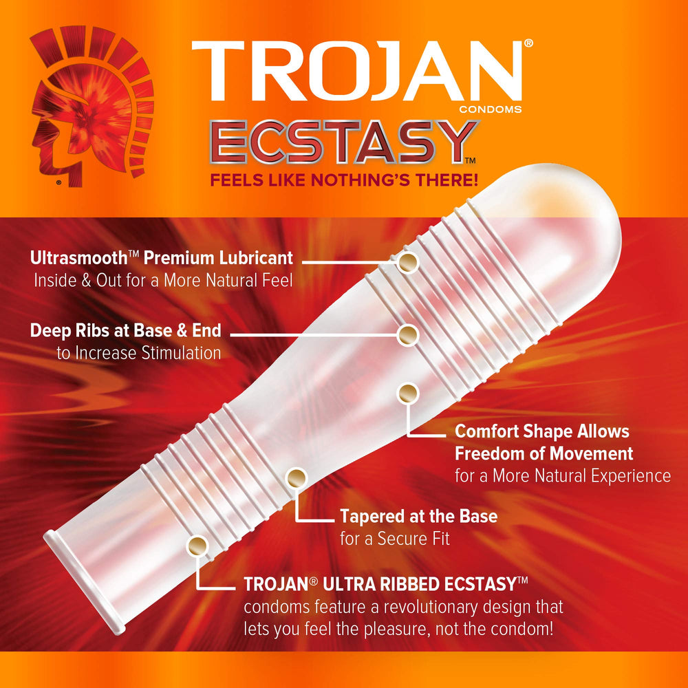 Trojan Condom Stimulations Ultra Ribbed Ecstasy Ultrasmooth Lubricated 10 Pc