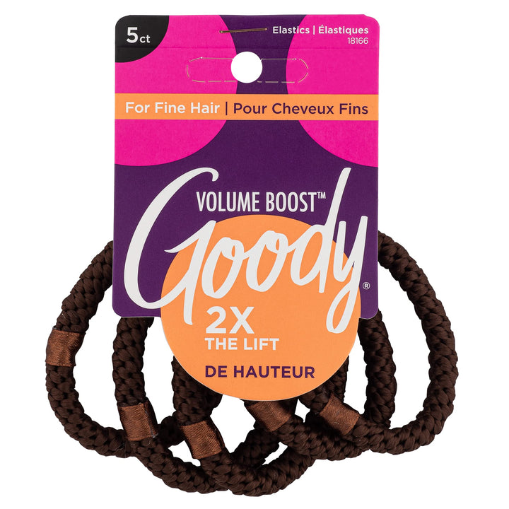 Goody Volume Boost Ponytailers Elastics Hair Tie for Fine Hair - 5 Count, Brown - Ouchless Pain-Free Hair Accessories for Women, Men, Boys, & Girls - Perfect for Long Lasting Braids, Ponytails & More