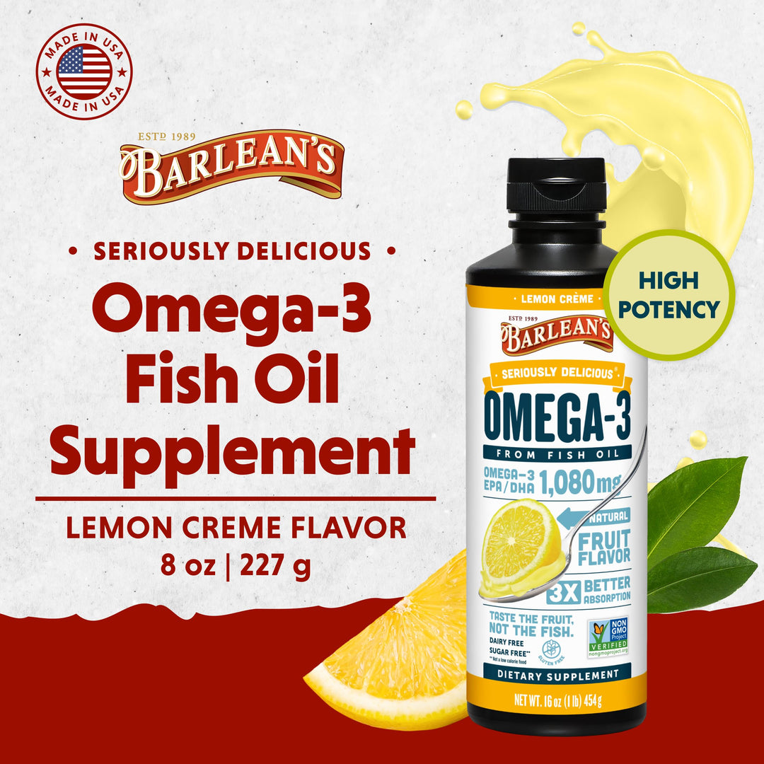 Barlean's Lemon Crème Omega 3 Fish Oil Liquid Supplement, 1080mg of Omega 3 EPA & DHA Fatty Acid, Smoothie Flavored & Burpless for Brain, Joint, & Heart Health, 8 oz