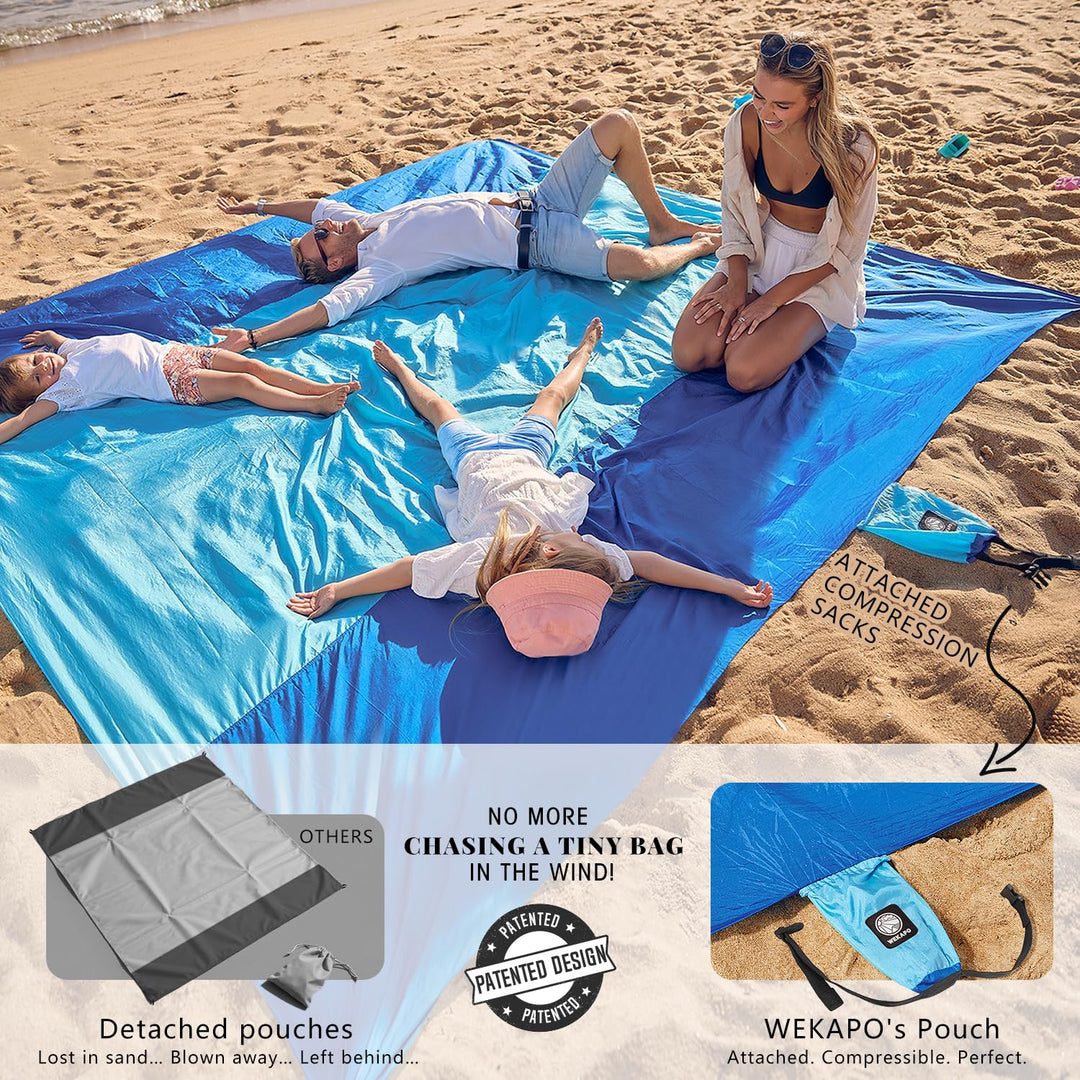 Wekapo Beach Blanket Sandproof, Extra Large Oversized 10'X 9' for 2-8 Adults, Big & Compact Sand Free Mat Quick Drying, Lightweight & Durable with 6 Stakes & 4 Corner Pockets