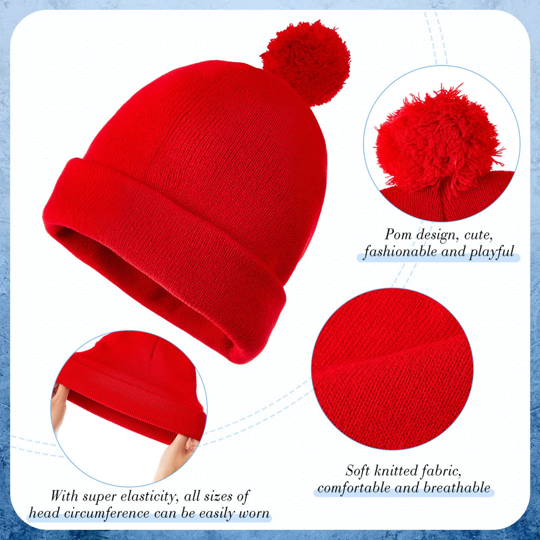 2 Pcs Pom Beanie Hat Men Women Hat Pom Knit Hat Beanies with Ball at Top Acrylic Winter pom Cap with Cuff (Red, Black)
