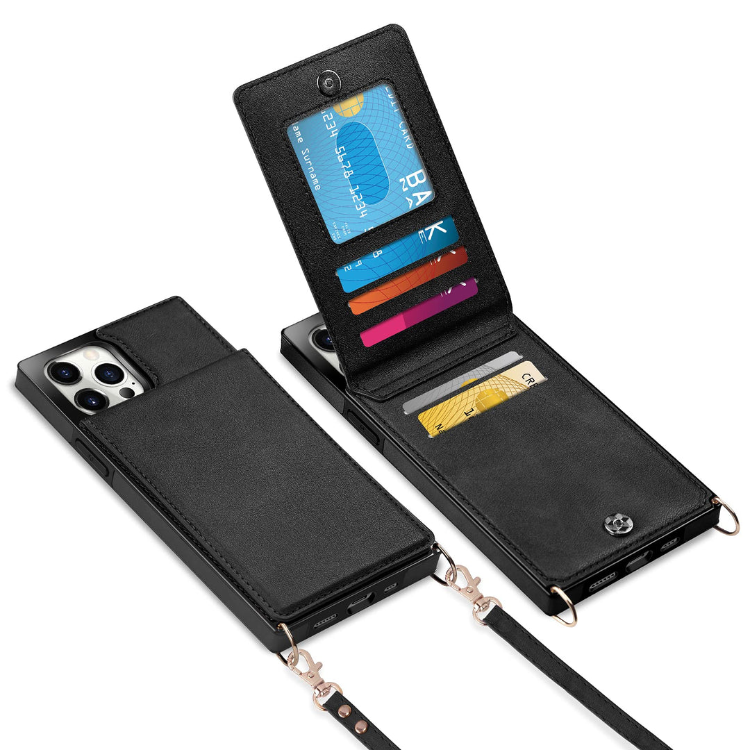 Compatible with iPhone 13 Pro Max Case Wallet with Credit Card Holder Lanyard Crossbody Strap Women Girls Leather Magnetic Clasp Kickstand Heavy Duty Protective Flip Cover Black