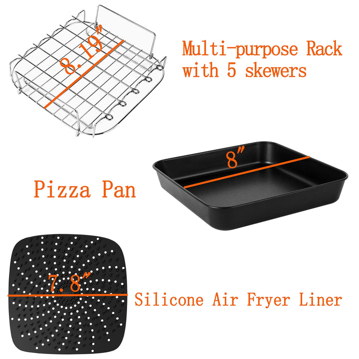 8 inch Square Air Fryer Accessories for Instant Vortex Air Fryer,COSORI,Philips AirFryers,Set of 4,Multi-purpose Double Layer Rack with Skewer,Nonstick Pizza Pan,Silicone Mat