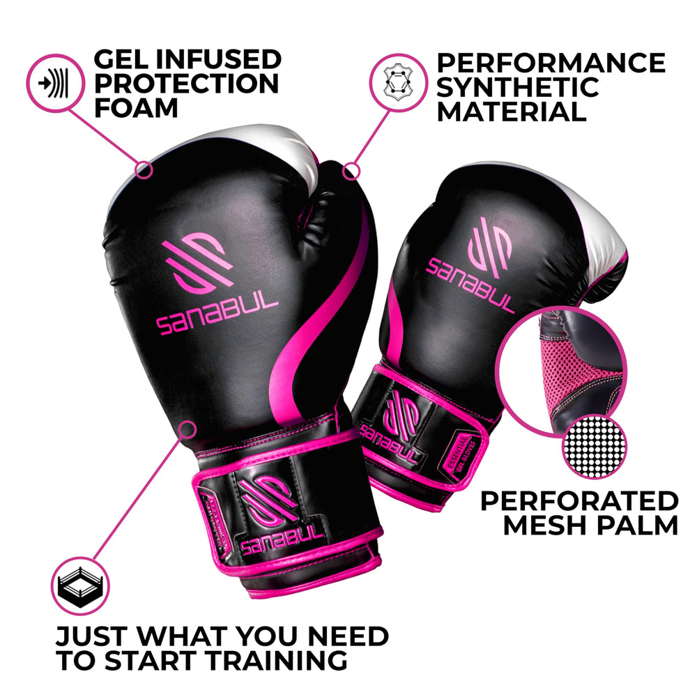 Essential Gel Boxing Gloves Kickboxing Gloves for Men & Women Boxing Training & Sparring Gloves Muay Thai and Heavy Bag Training - Black/Pink, 8 oz