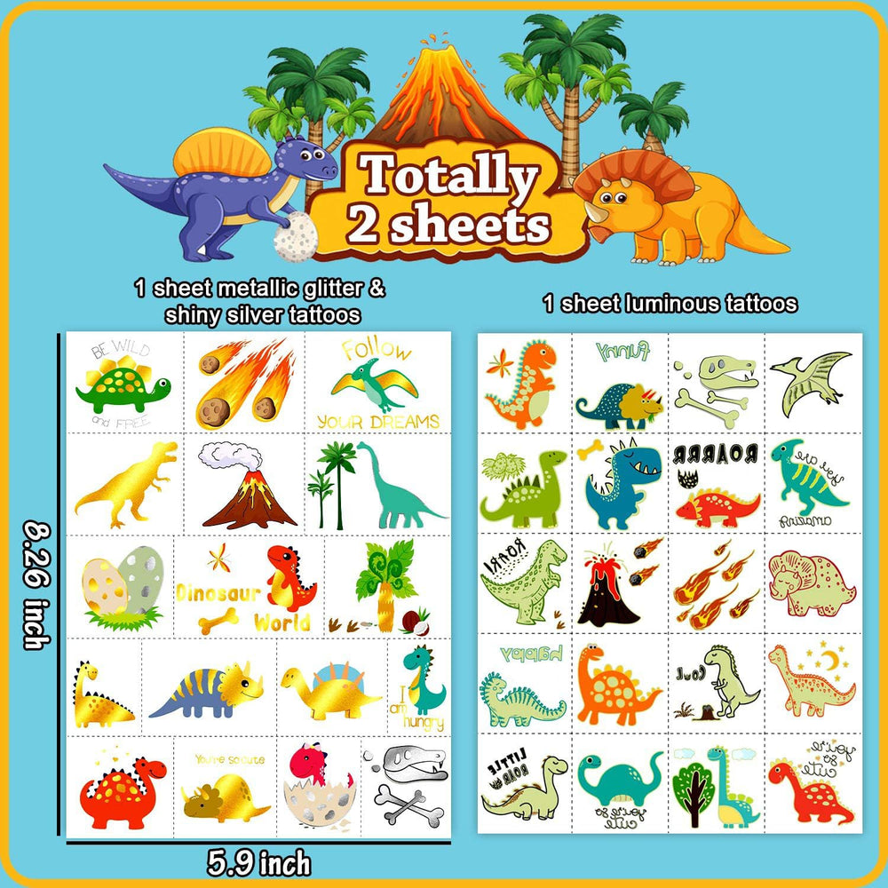Dinosaur Temporary Tattoos for Kids, Dinosaur Stickers, Dinosaur Birthday Party Supplies Decorations (37 Styles Glow + Metallic Glitter)