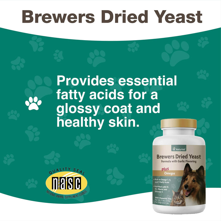 – Brewer’s Dried Yeast Formula with Garlic Flavoring – Plus Omegas | Rich in Omega-3, 6 & 9 Fatty Acids | Fortified with B1, B2, Niacin & Vitamin C | for Dogs & Cats | 1000 Chewable Tablets