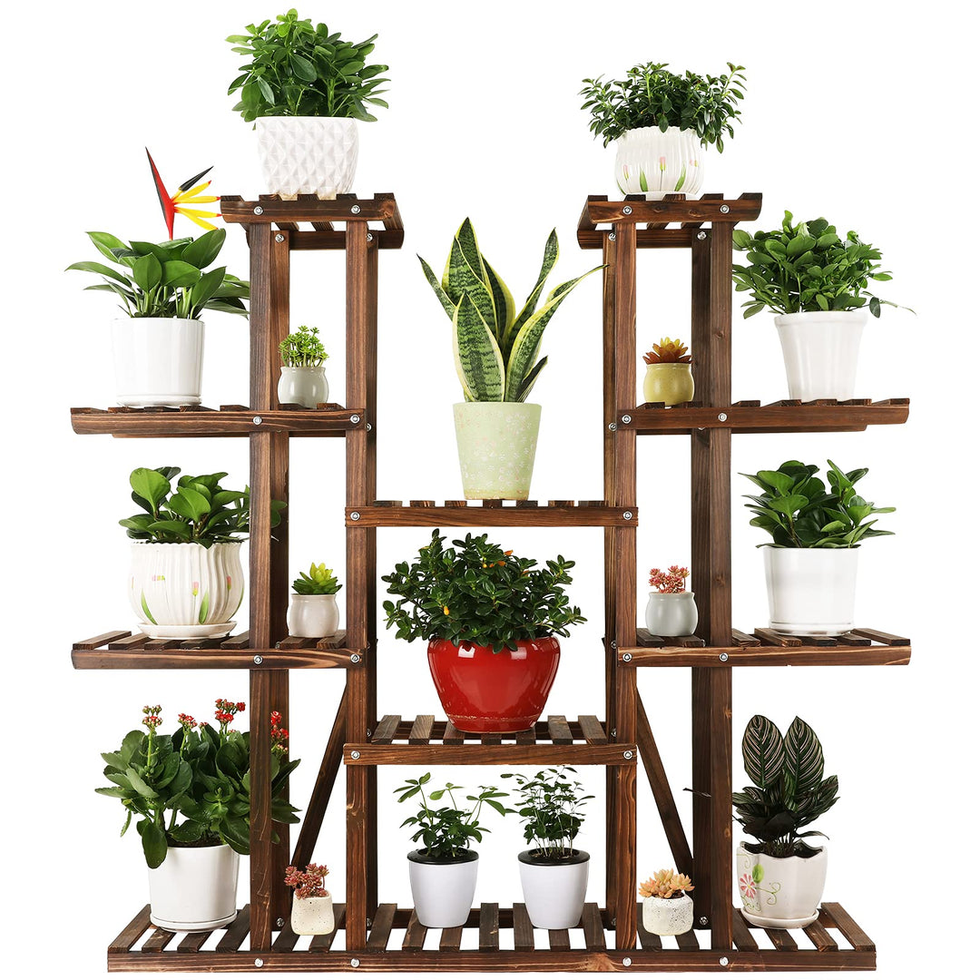 9 Tier Wood Plant Stand Carbonized Flower Rack 17 Potted Organizer Tall Plant Display Shelf for Indoor Outdoor Patio Garden Corner Balcony Living Room Kitchen