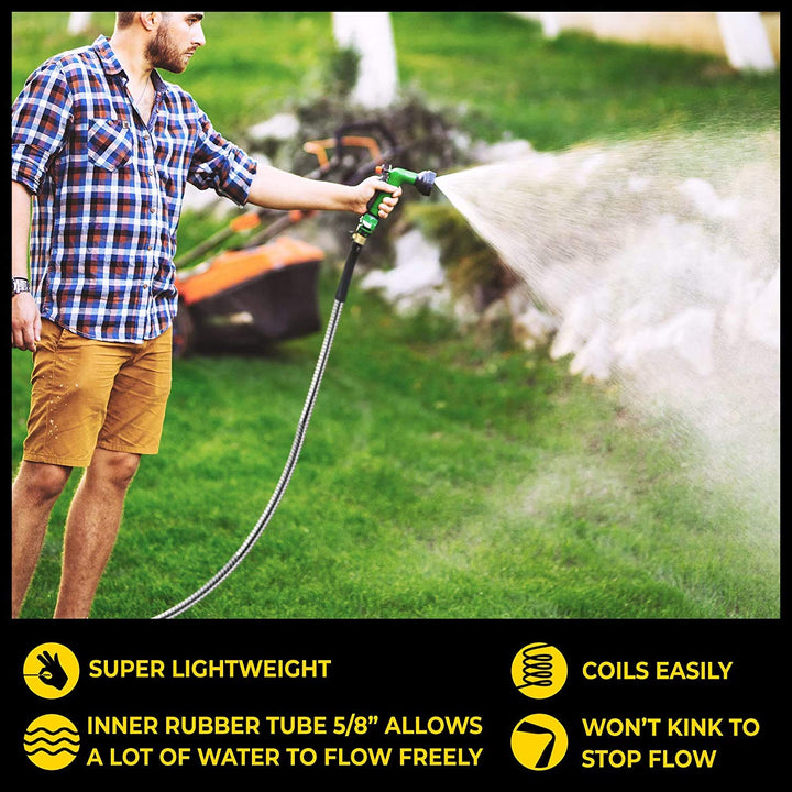 Bionic Steel Pro 75 FT Garden Hose with Nozzle, 304 Stainless Steel Metal Water Hose 75Ft, Flexible Hose, Kink Free, Lightweight and Durable, Crush Resistant Fitting, Easy to Coil, 500 PSI 2024 Model