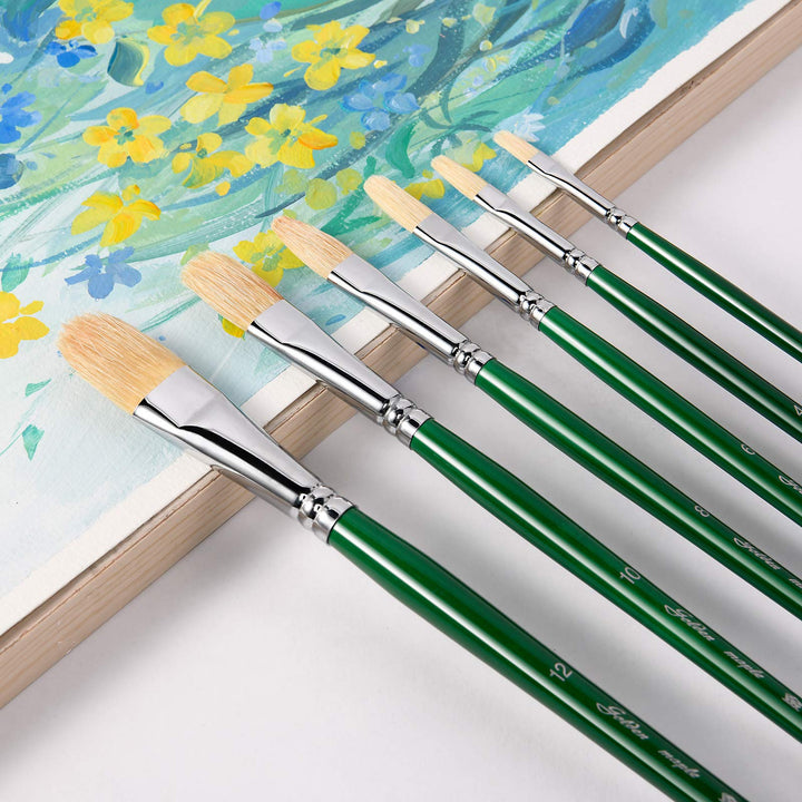 Artist Brushes Filbert Brush Set for Acrylic Oil Gouche and Watercolor Painting Wooden Handle 6Pcs (Green)