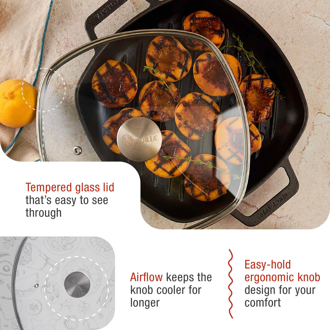 Square 10-Inch Glass Lid for Cast Iron Skillet or Pan, Custom Made for Only Brand, Diameter 9.7-Inch