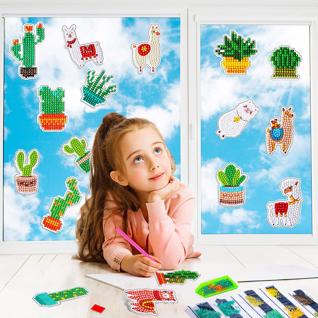 17 Pieces Llama Cactus Diamond Painting Stickers Kids 5D Gem Dots Painting Kits Diamond Art Decals DIY Mosaic Art Stickers Painting