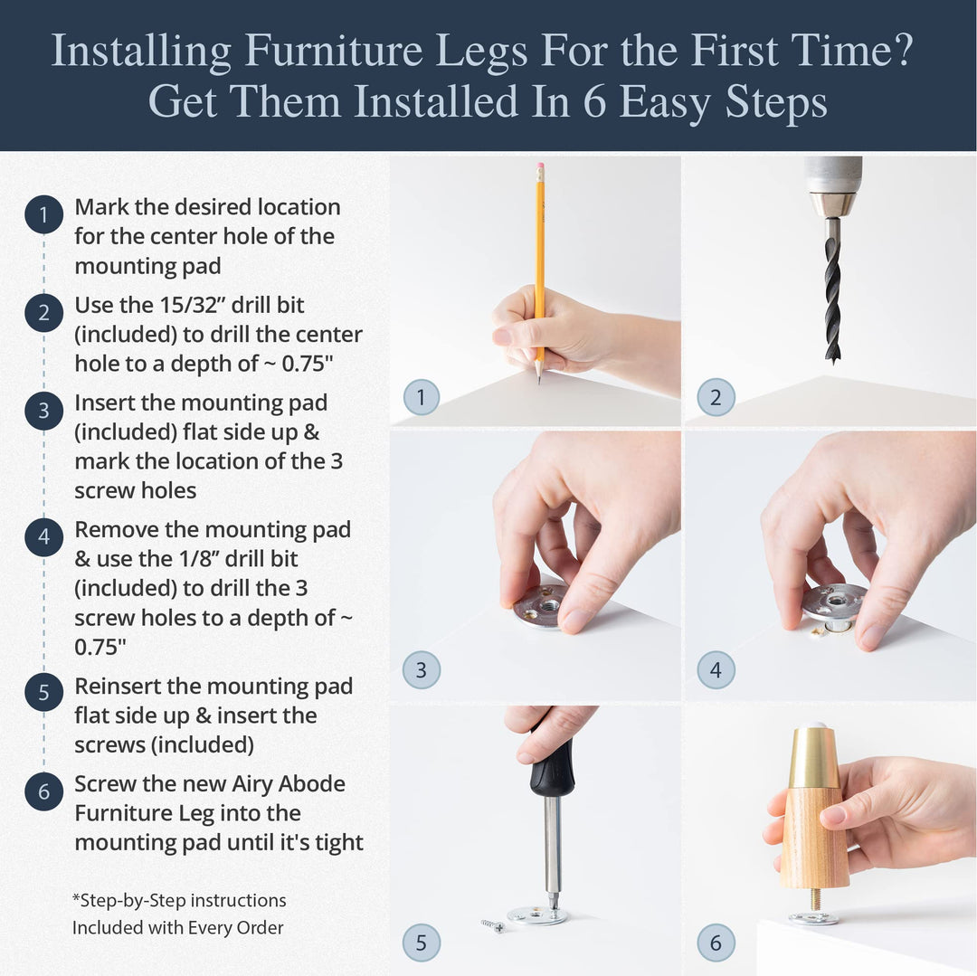 Ash Wood Furniture Legs With Gold Caps - Mid Century Legs For Sofa, Chair, Table, Dresser, Bed, Cabinet, Ottoman - Wooden Legs Are Easy To Install & Include Installation Hardware - Set of 4, 6 Inches